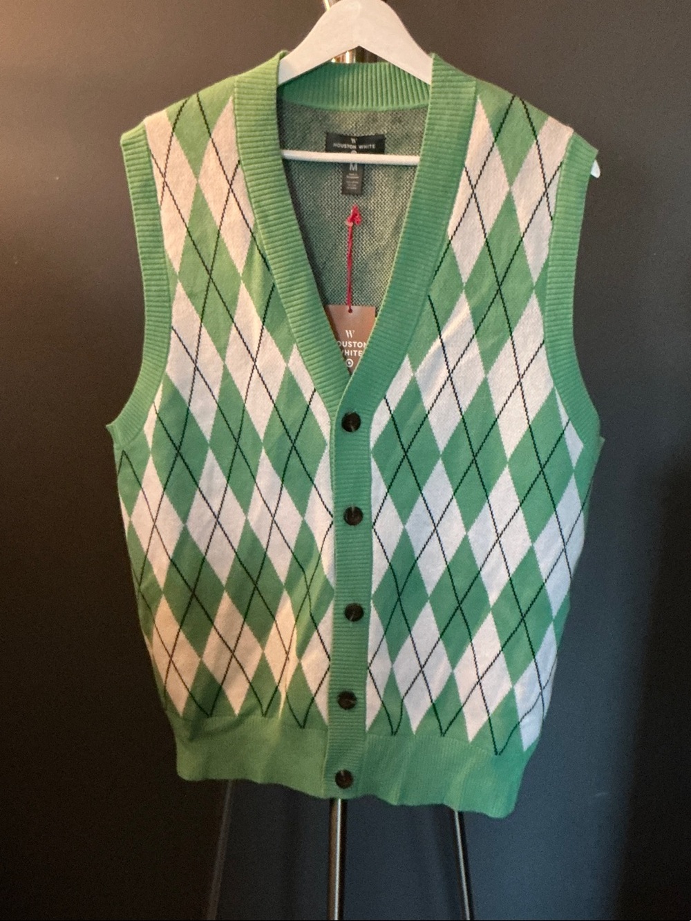 Men’s Houston White Green and White Argyle Button-Up Sweater Vest